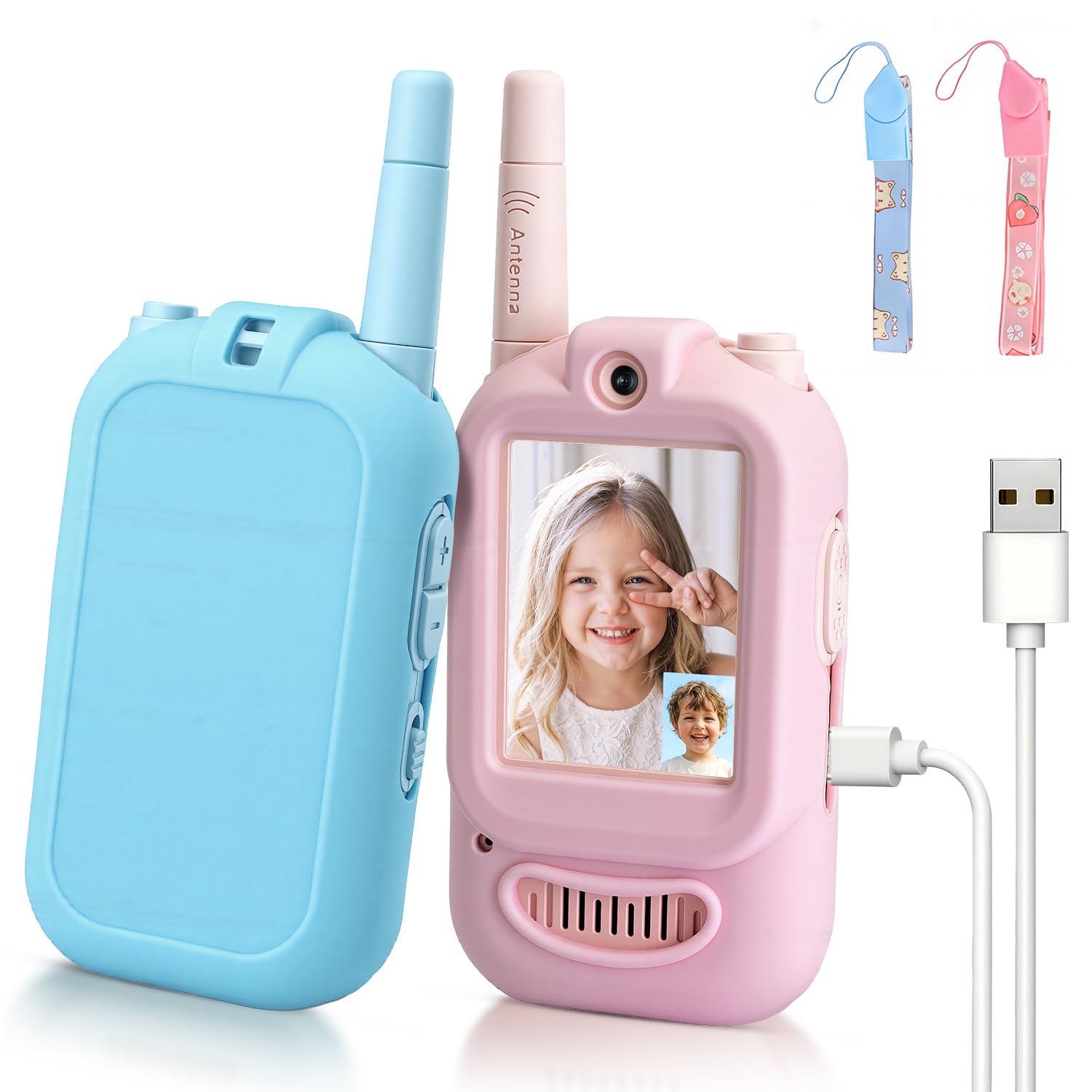 Kids Video Walkie Talkies, 2 Pack Long Range Walkie-Talkie for Kids, Rechargeable Video Call Toys for Indoor, Camping, Hiking, Travel, Christmas Birthday Gift for Boys Girls Age 3-5 (Blue/Pink)