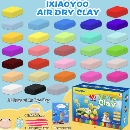 Ixiaoyoo Air Dry Clay, 30 Colors Modeling Clay for Kids, DIY Model Toys with Sculpting Tools, Soft & Non-Sticky, Home Party Favors, Birthday & Christmas Gifts for Age 3-12 Years Old Boys Girls Kids