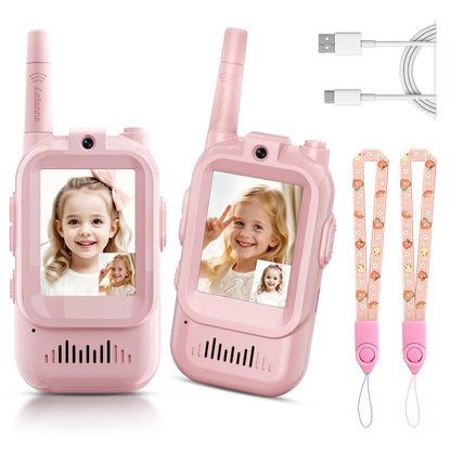 Kids Video Walkie Talkies, 2 Pack Long Range Walkie-Talkie for Kids, Rechargeable Video Call Toys for Indoor, Camping, Hiking, Travel, Christmas Birthday Gift for Boys Girls Age 3-5 (Blue/Pink)
