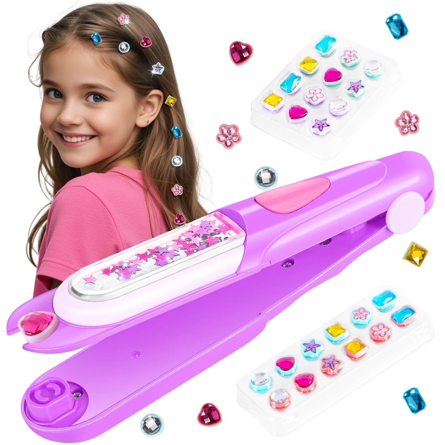 kidzkube Hair Gem Stamper Kit, Bling Hair Jewels for Girls Toys, Hair Styling Tool with Reusable Shining Diamonds, Birthday Gifts Toys for Girls Ages 3 4 5 6 8-12