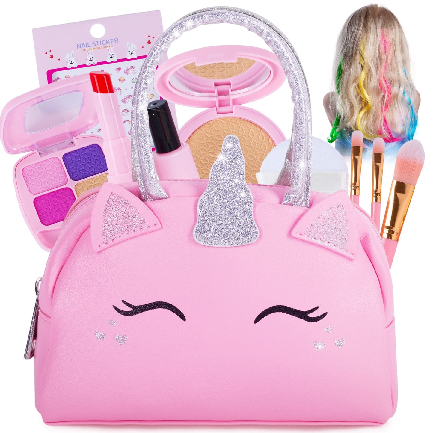 Kids Real Makeup Kit with Pink Unicorn Purse, Non Toxic Washable Make Up Set - Unicorn Toys for Girls Age 4-6, 5 Year Old Girl Birthday Gift Ideas, Toddler Little Girl Gifts 3 4 5 6 7 8 9 10 Years Old