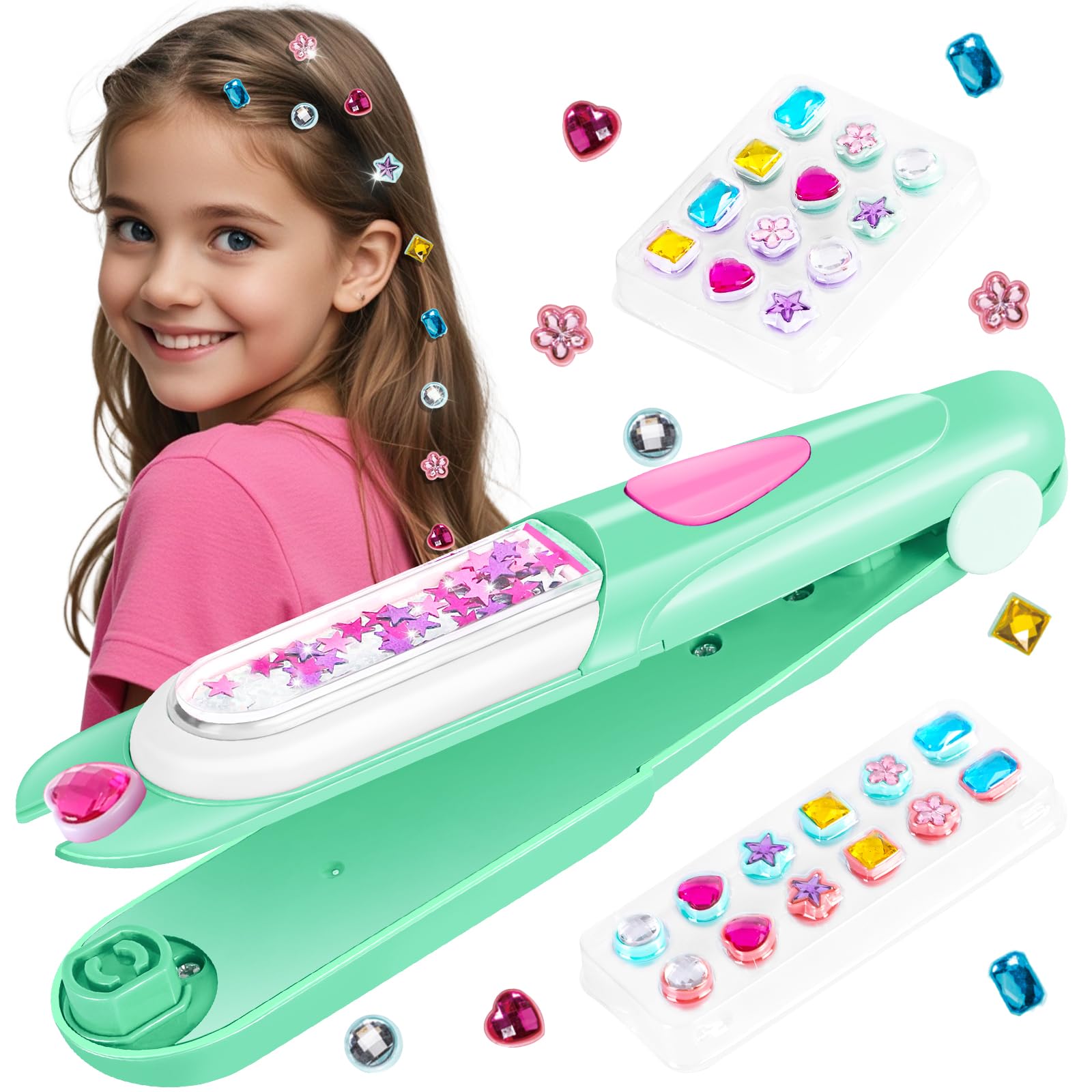 kidzkube Hair Gem Stamper Kit, Bling Hair Jewels for Girls Toys, Hair Styling Tool with Reusable Shining Diamonds, Birthday Gifts Toys for Girls Ages 3 4 5 6 8-12
