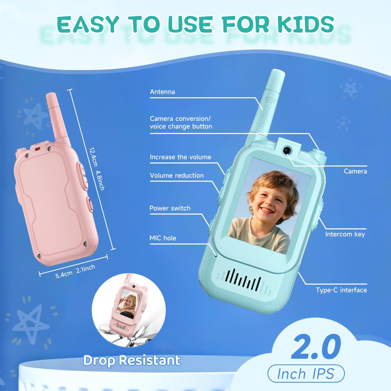 Kids Video Walkie Talkies, 2 Pack Long Range Walkie-Talkie for Kids, Rechargeable Video Call Toys for Indoor, Camping, Hiking, Travel, Christmas Birthday Gift for Boys Girls Age 3-5 (Blue/Pink)