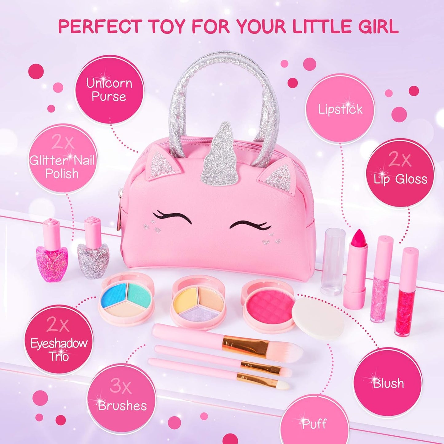 Kids Real Makeup Kit with Pink Unicorn Purse, Non Toxic Washable Make Up Set - Unicorn Toys for Girls Age 4-6, 5 Year Old Girl Birthday Gift Ideas, Toddler Little Girl Gifts 3 4 5 6 7 8 9 10 Years Old