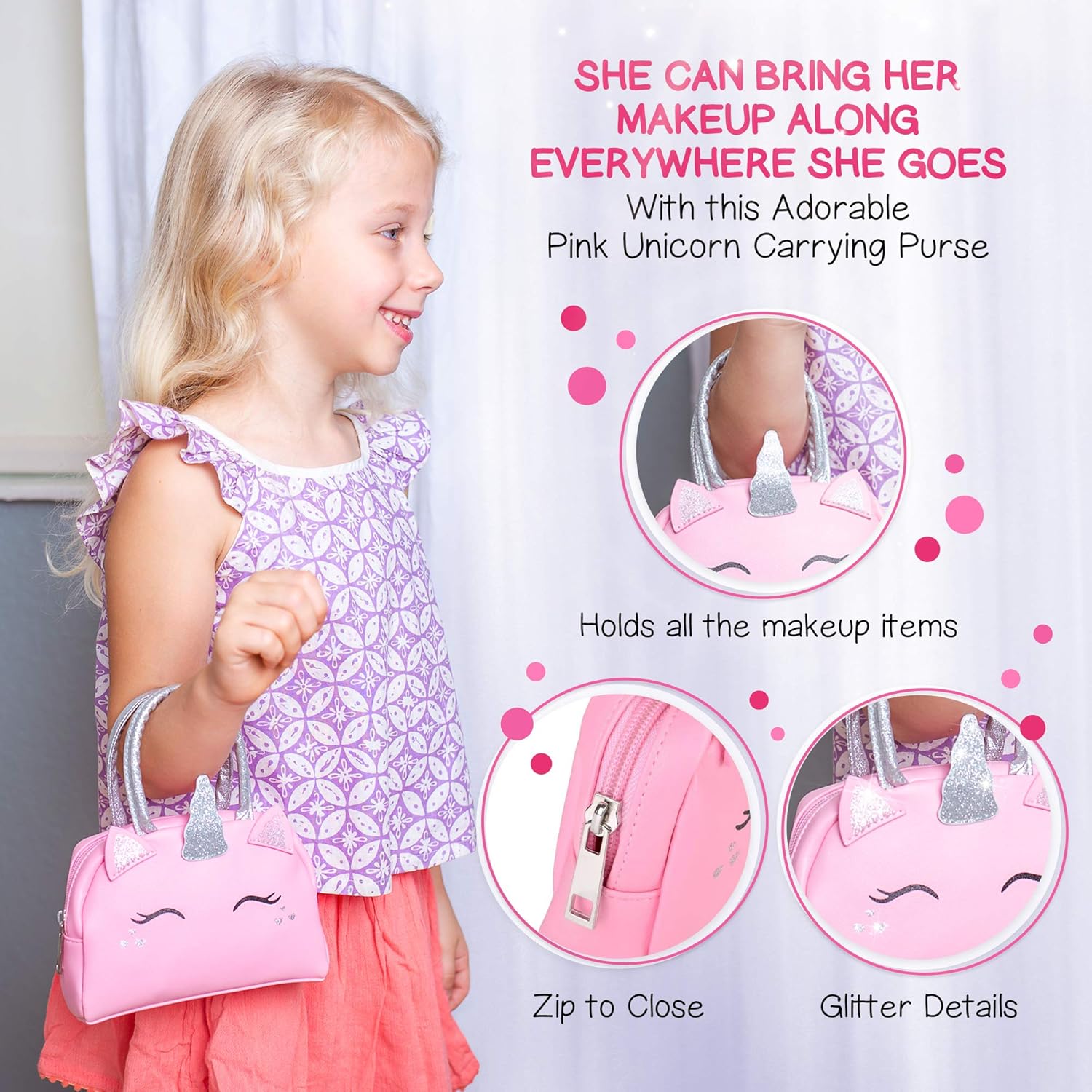 Kids Real Makeup Kit with Pink Unicorn Purse, Non Toxic Washable Make Up Set - Unicorn Toys for Girls Age 4-6, 5 Year Old Girl Birthday Gift Ideas, Toddler Little Girl Gifts 3 4 5 6 7 8 9 10 Years Old