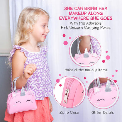 Kids Real Makeup Kit with Pink Unicorn Purse, Non Toxic Washable Make Up Set - Unicorn Toys for Girls Age 4-6, 5 Year Old Girl Birthday Gift Ideas, Toddler Little Girl Gifts 3 4 5 6 7 8 9 10 Years Old