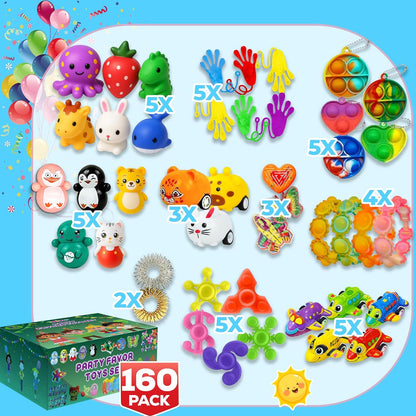 160 Pcs Fidget Toys Party Favors Pack, Randomly Selected Pop Sensory Set Gifts Stickers for Kids Adults Boy Girl Stocking Stuffers Autistic Bulk Goodie Bag Filler Treasure Box Classroom Prizes School